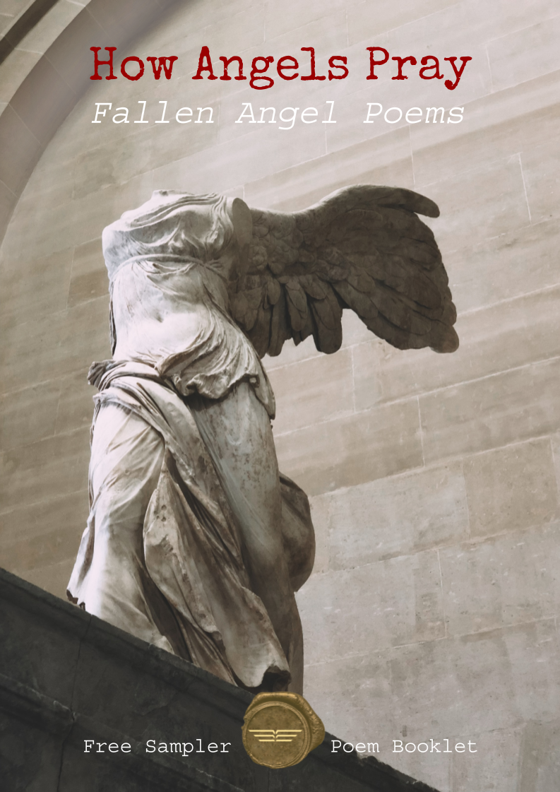 Book cover for How Angels Pray. Fallen Angel Poems, Free Sampler Poem Booklet. Image of headless angel statue.