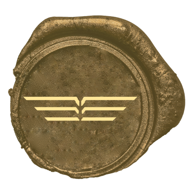 Image of gold wax seal with hieroglyphic angel wing logo.
