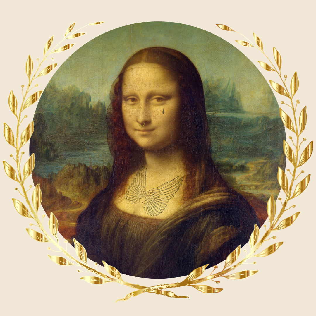 Image of Mona Lisa with septum piercing, teardrop cheek tattoo, and angel wings chest tattoo.