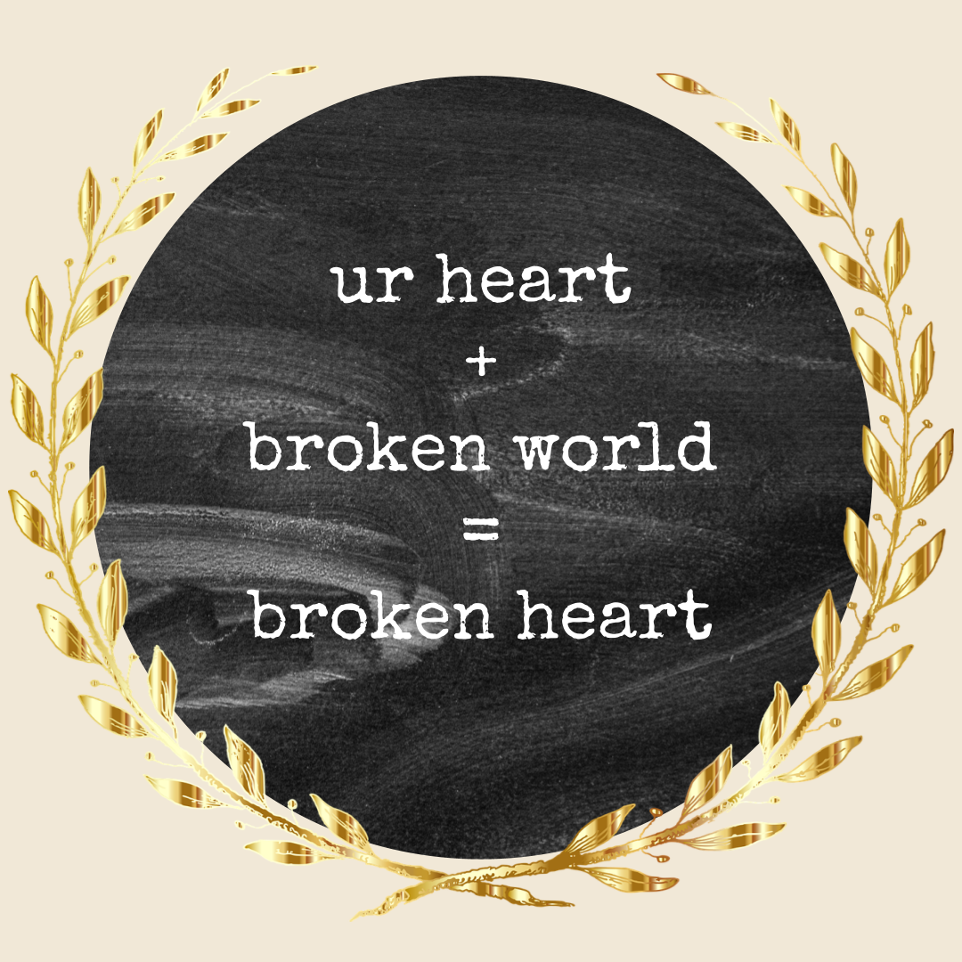 Quote: Your heart plus broken world equals broken heart. Image of chalkboard.