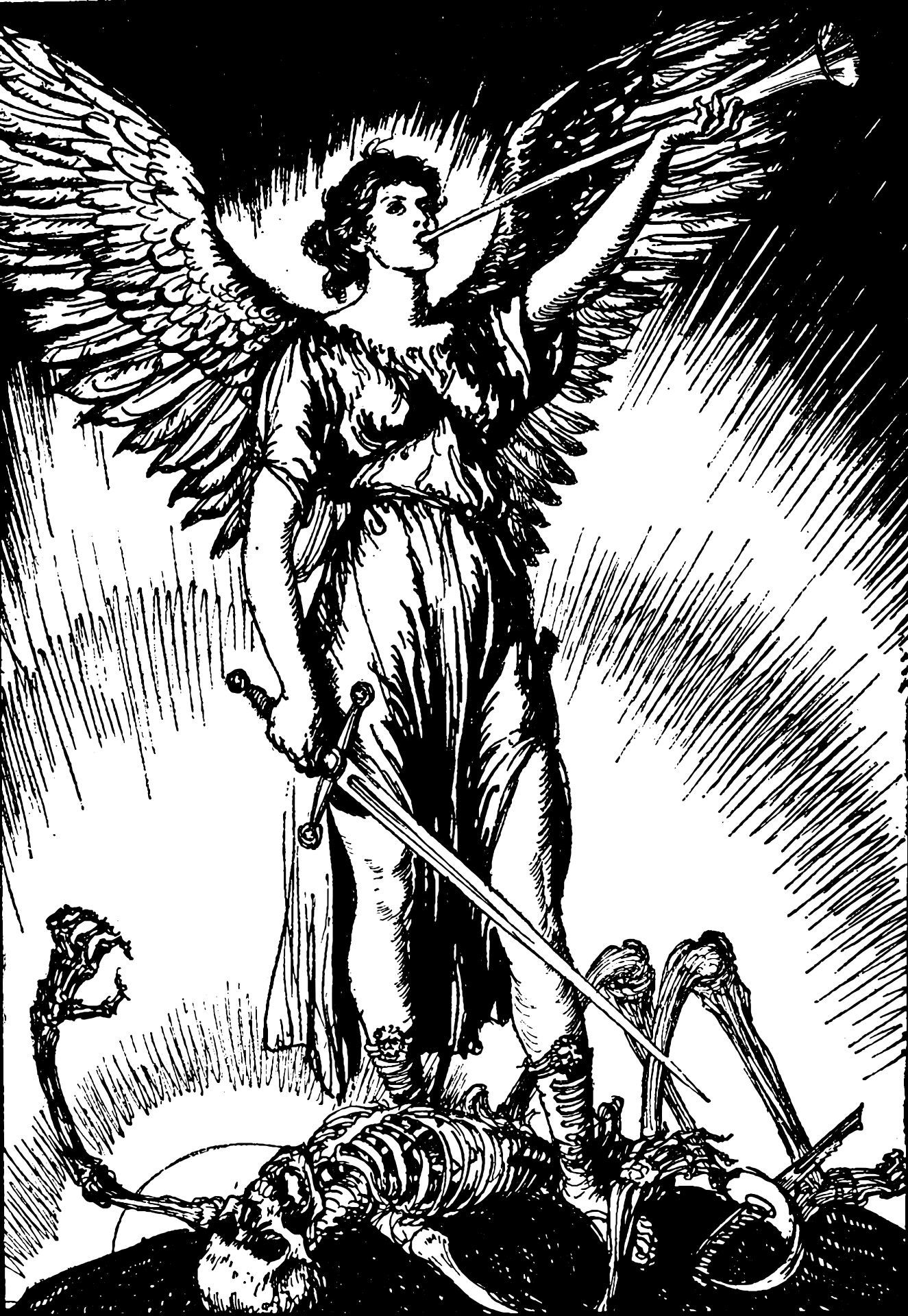 Image of sword wielding angel blowing a trumpet over a vanquished skeleton.