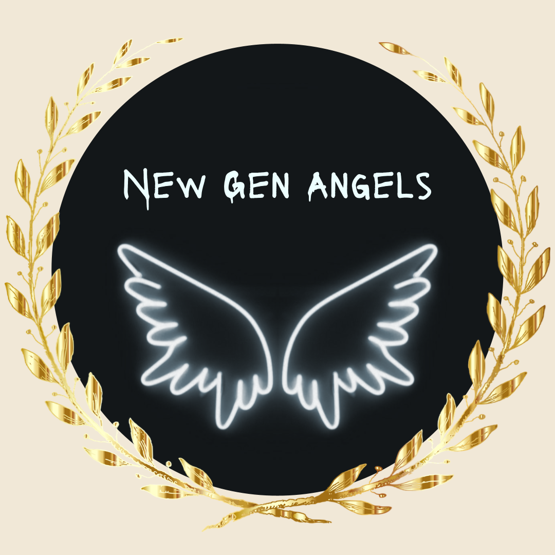 Quote: New Gen Angels. Image of neon angel wing sign.